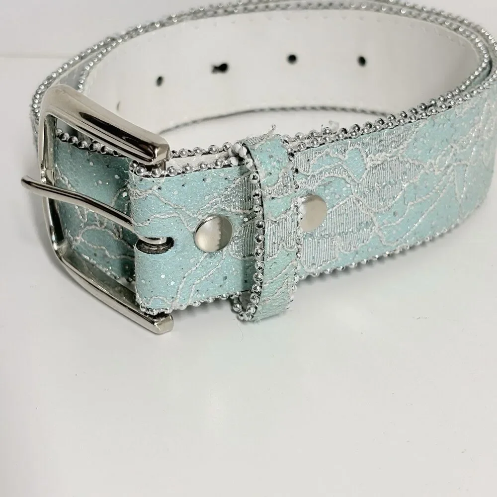 Vtg Y2K Justice Belt Girls Mint Green Silver Buckle Lace Western Dolly Parton
